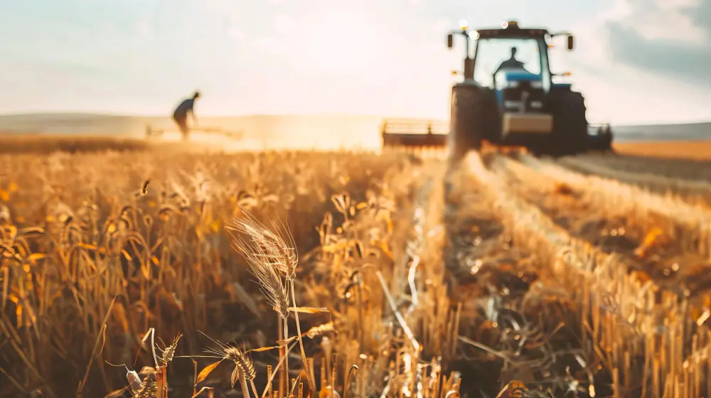 Traktor auf einem Getreidefeld im Abendlicht